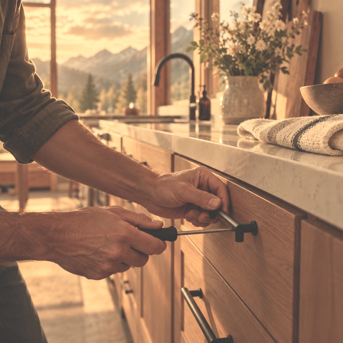 Hands tightening a cabinet handle in a sunlit kitchen