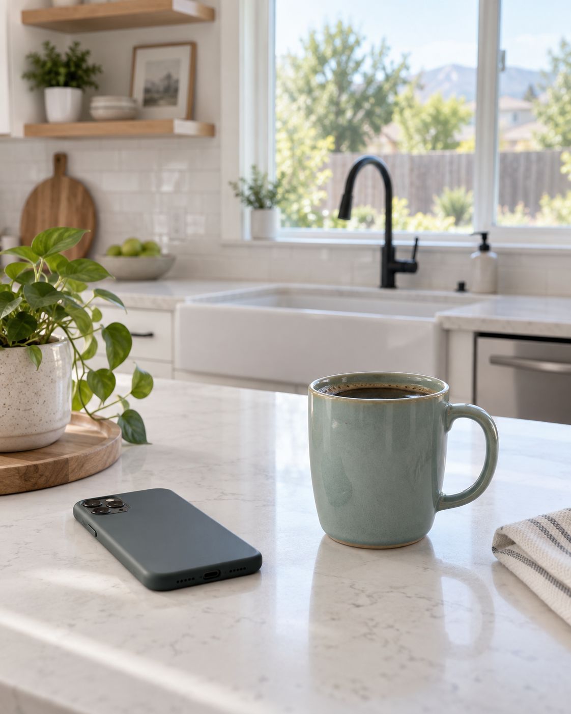 A phone face-down beside a teal mug on a sunny kitchen counter