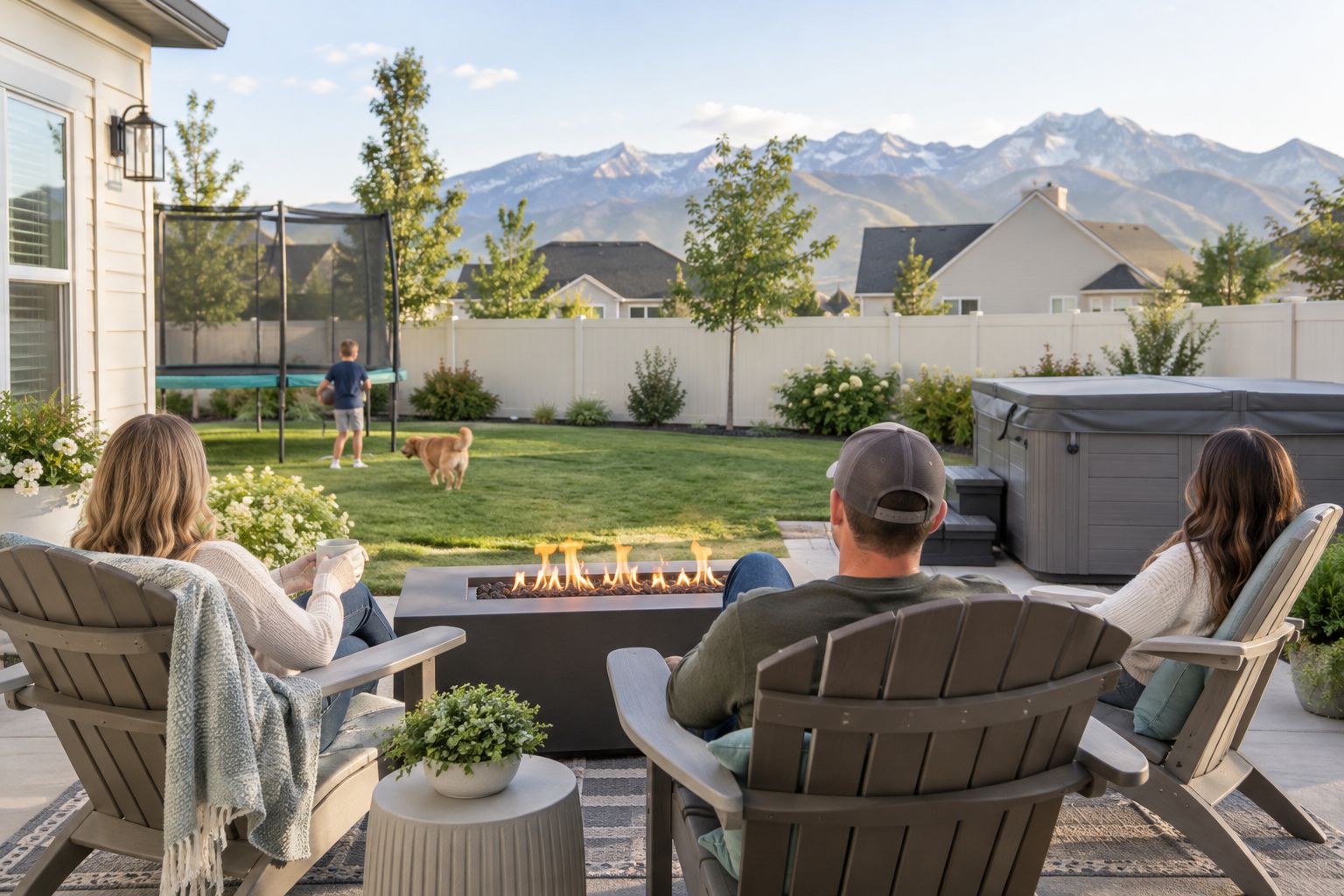 Guests relaxing around a fire table in the backyard of a family home