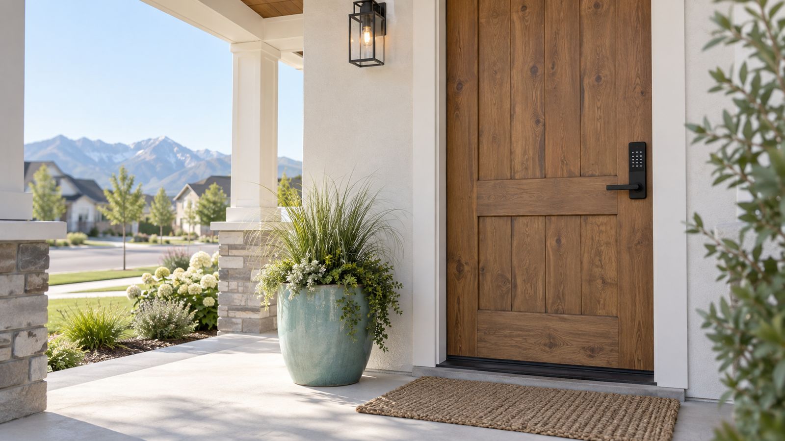 A wood front door with a keypad smart lock on the porch of a family home