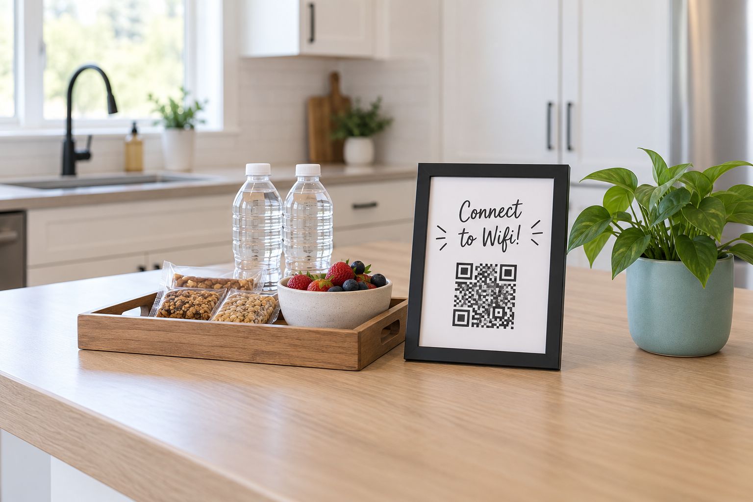 A snack tray and a framed wifi connect sign on a kitchen island