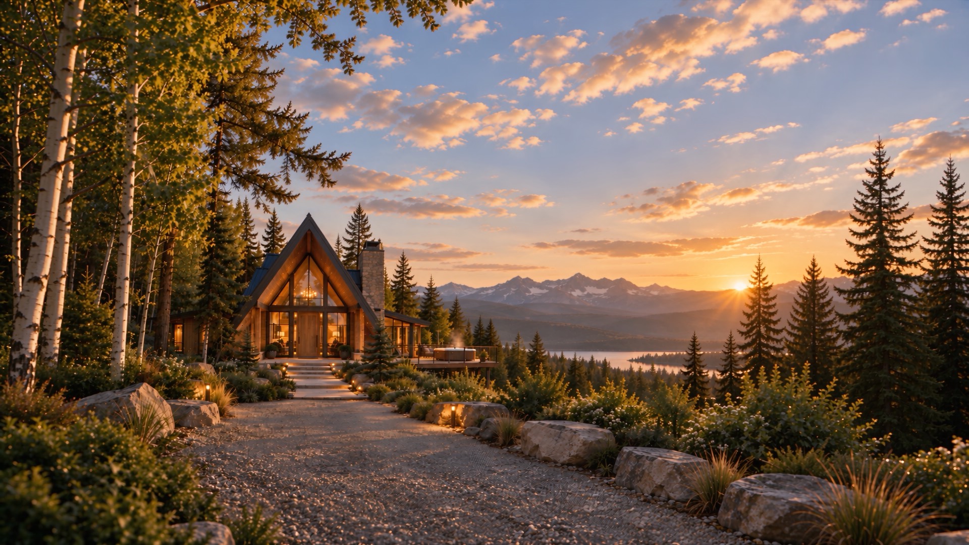 An A-frame cabin at sunset above a mountain lake, path lights glowing along the gravel walk
