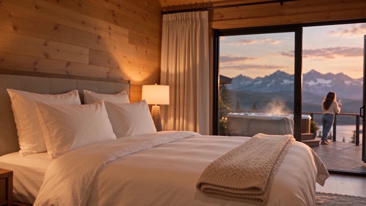 King bed with white linens and a knit throw, sunset mountains through the glass