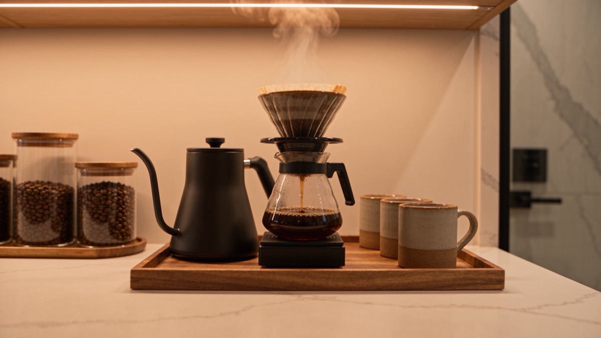 Pour-over coffee setup with jars of beans and ceramic mugs on a wooden tray