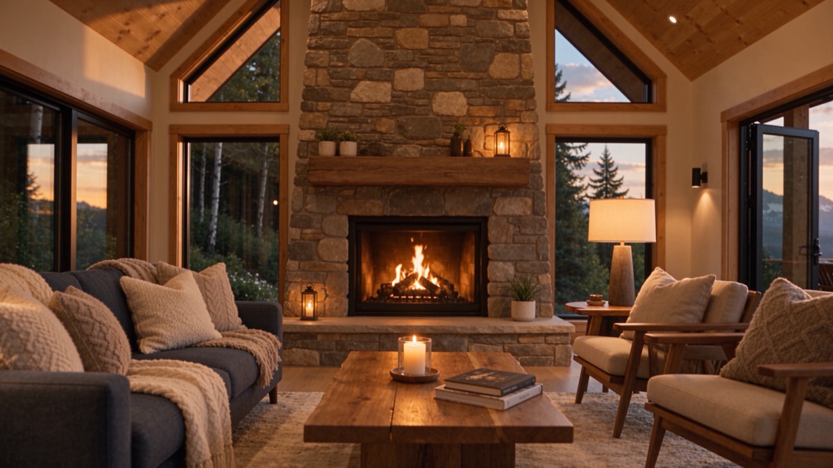 Living room with a stone fireplace, knit throws, and a candle on the coffee table