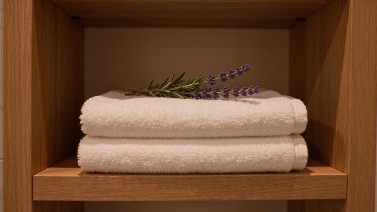 Two folded white towels on a wood shelf with a sprig of lavender